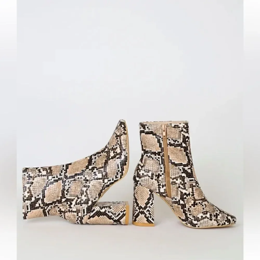 NWOB Lulu’s My Generation Tan Snake High Heel Mid-Calf Boots *SIZE: 8‎